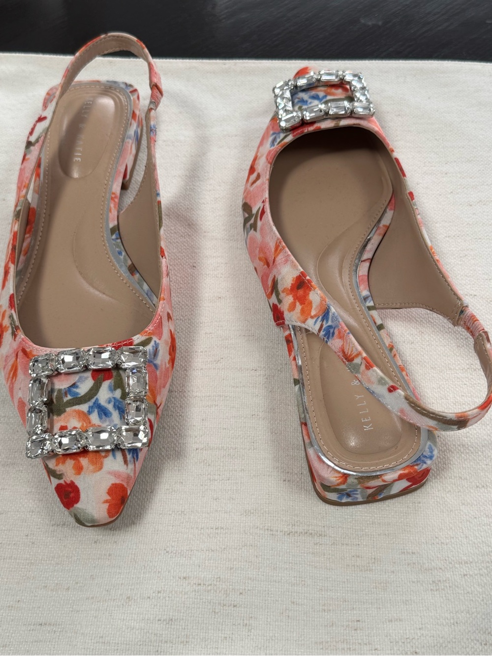 Kelly & Katie Coral Multi Floral Slingback Flats with Jeweled Buckle